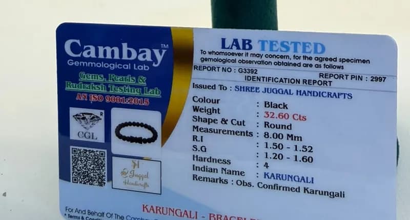 Cambay Gemmological Lab report confirming natural Karungali