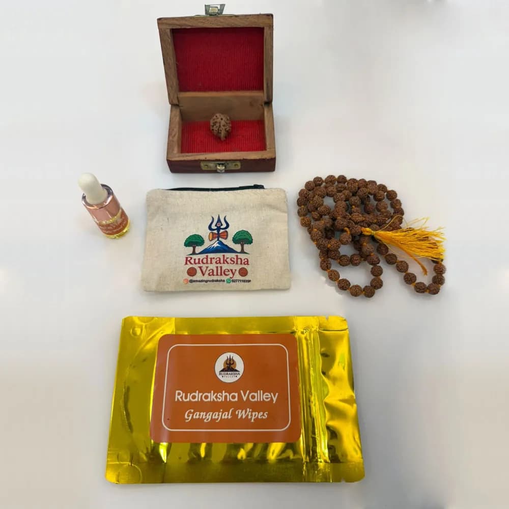 Ganesh Mukhi Rudraksha Combo | Japa Mala, Gangajal Wipes, Sandalwood Oil & Puja Box